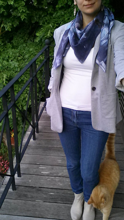 Me Made May 2016, jeans burda et foulard teint à la teinture Inkodye