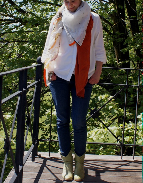 Me Made May, jeans Burda, chemise Venue La Maison Victor et foulard 4 en 1 réalisé en atelier chez Les Tissus du Chien Vert